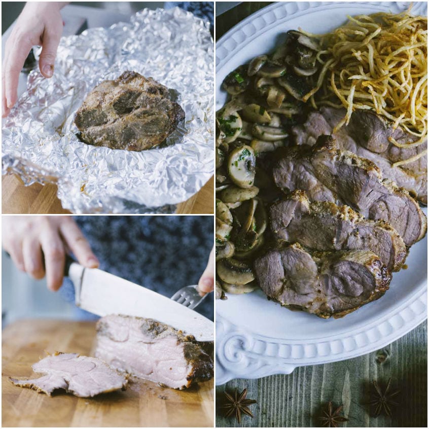 Fette di maiale affettate sul tagliere e servite con funghi saltati e patate fritte