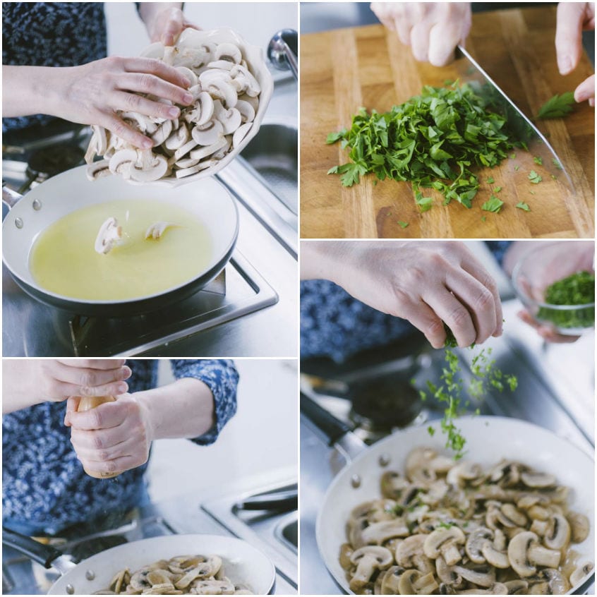 Funghi champignon affettati versati in padella, poi conditi con prezzemolo tritato, sale e pepe