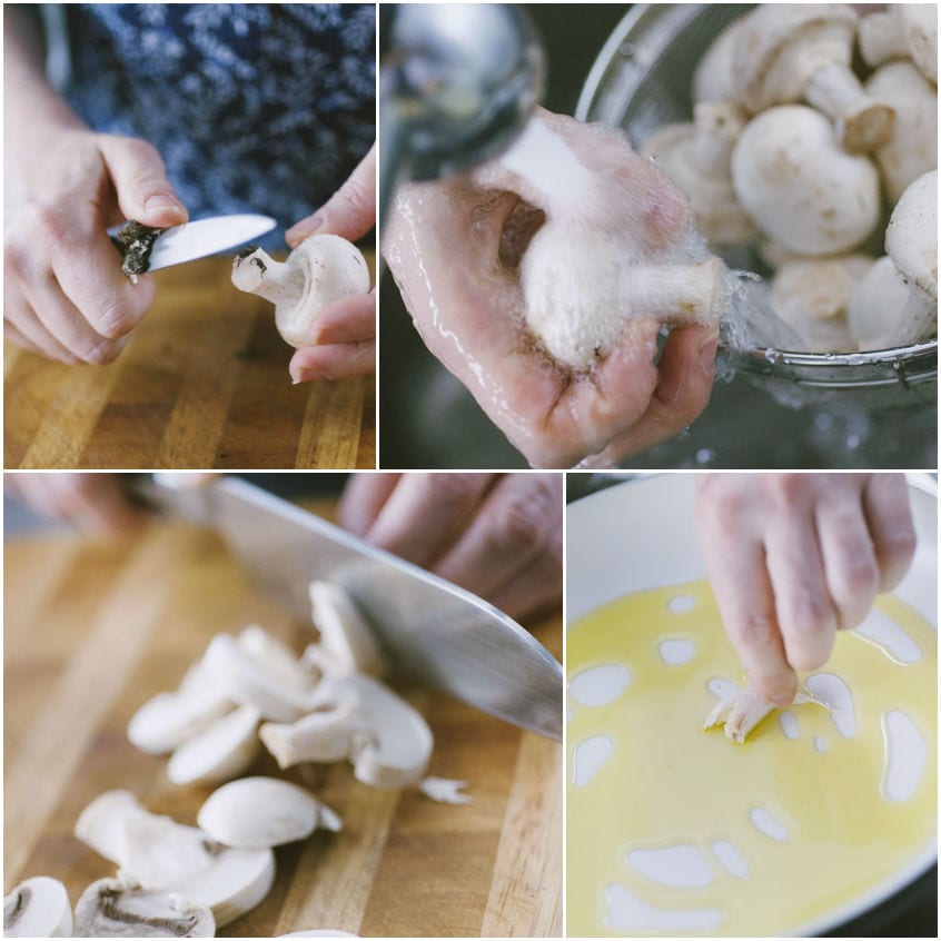 Funghi champignon puliti, affettati e aglio aggiunto in padella con olio