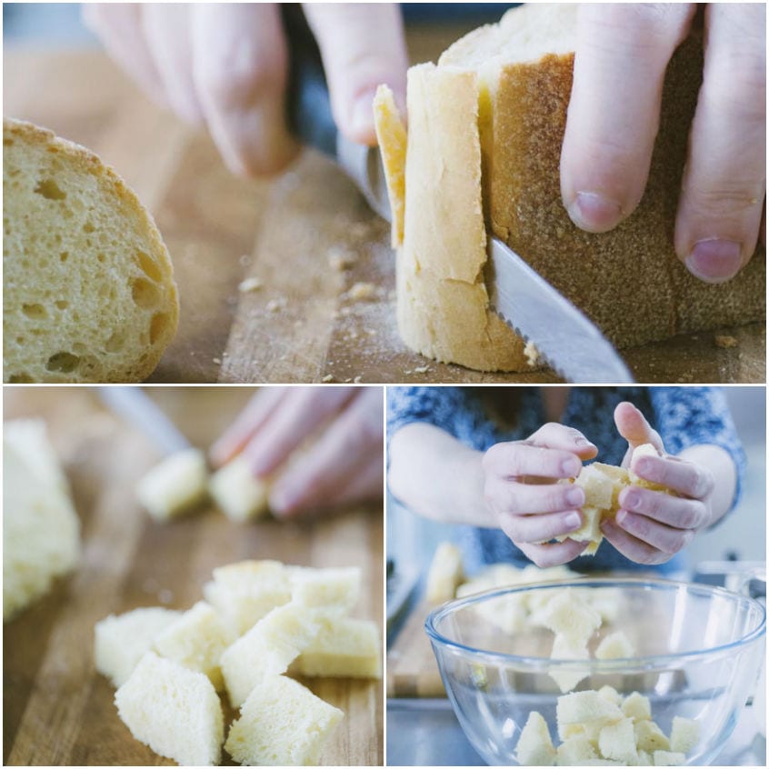 Pane privato della crosta tagliato a cubetti e raccolto in una ciotola