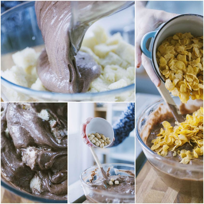 Composto al cacao versato sul pane, poi aggiunta di nocciole e fiocchi di mais