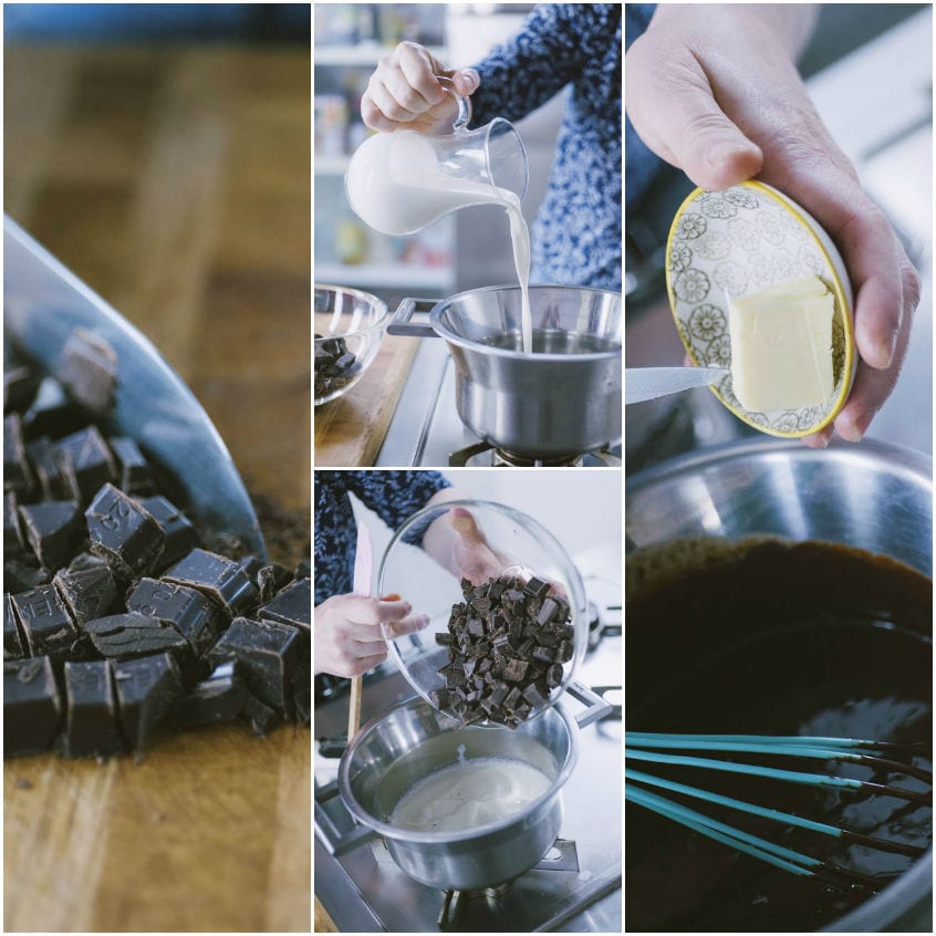 Preparazione della ganache: panna versata sul cioccolato tritato, poi burro aggiunto e tutto mescolato fino a sciogliersi