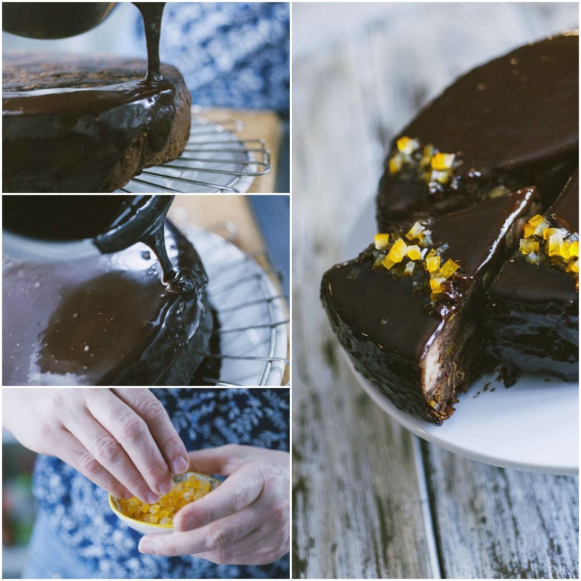 Ganache al cioccolato versata sulla torta e decorata con scorzette di arancia candita
