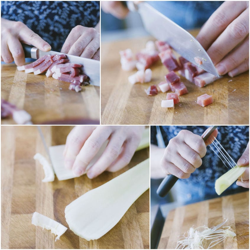 Prosciutto tagliato a cubetti e sedano affettato a julienne sul tagliere