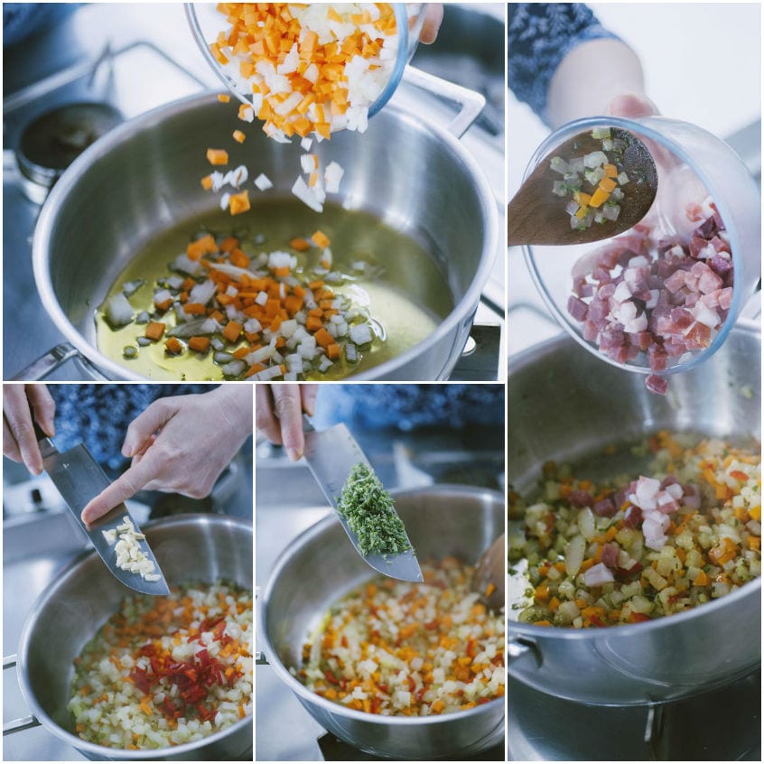 Soffritto di carote, cipolla, peperoncino, aglio, erbe aromatiche e prosciutto a dadini in pentola