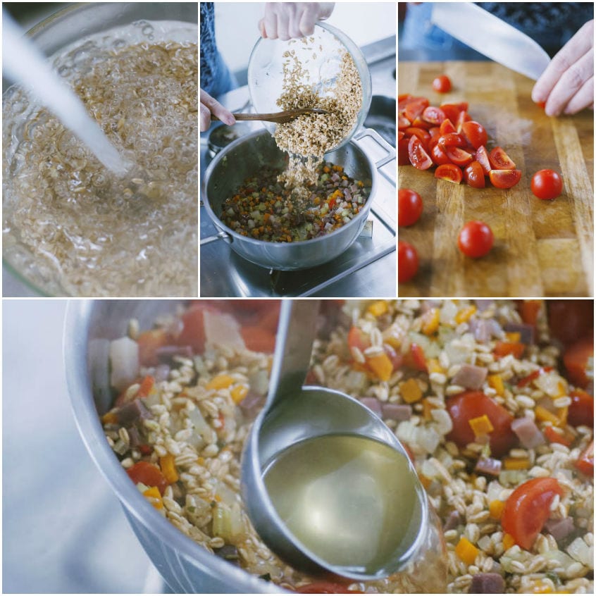 Farro e pomodorini tagliati aggiunti al soffritto, poi mestolo di brodo versato nella zuppa
