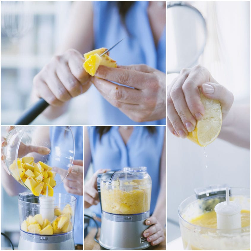 Pesca a tocchetti versata nel food processor, poi frullata in purea con succo di limone spremuto a mano
