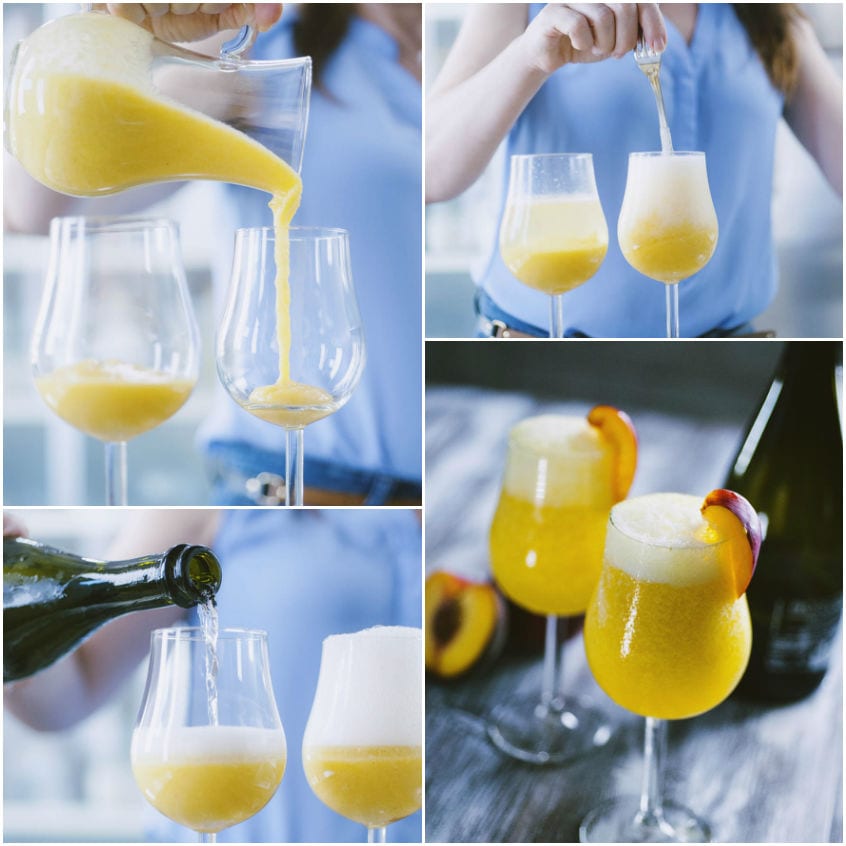 Preparazione del Bellini: purea di pesche versata nei calici, poi prosecco e guarnizione con fetta di pesca