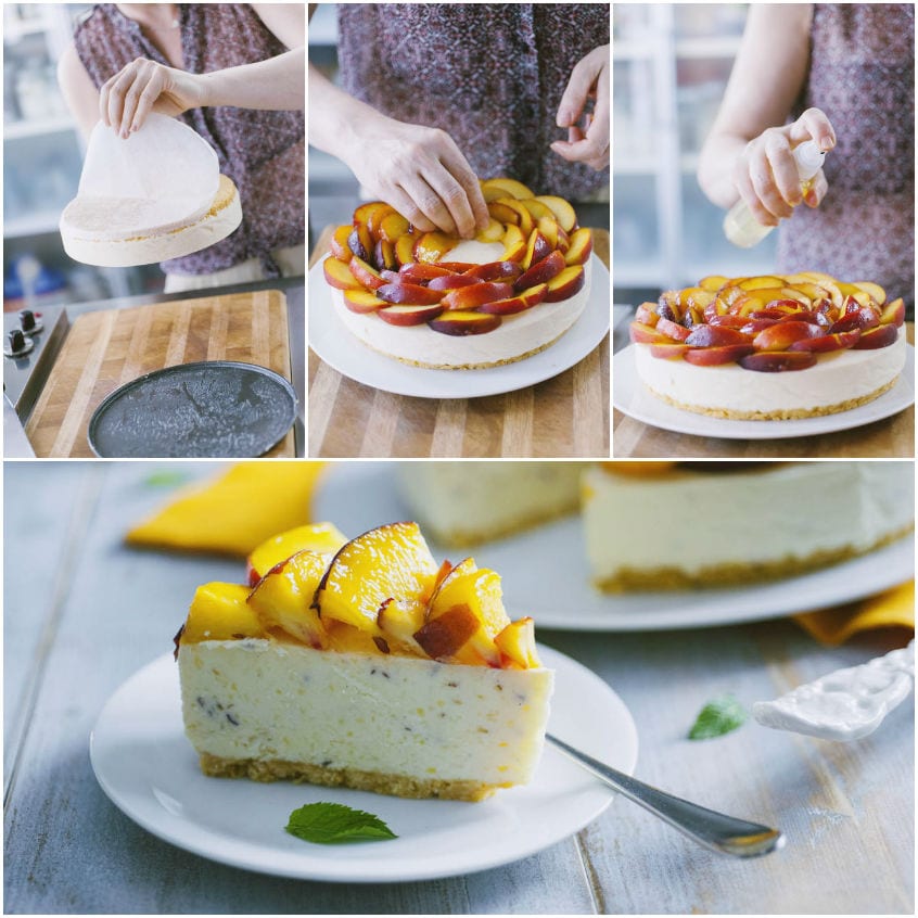 Cheesecake alle pesche sformata e decorata con spicchi di pesca disposti a cerchio sulla superficie