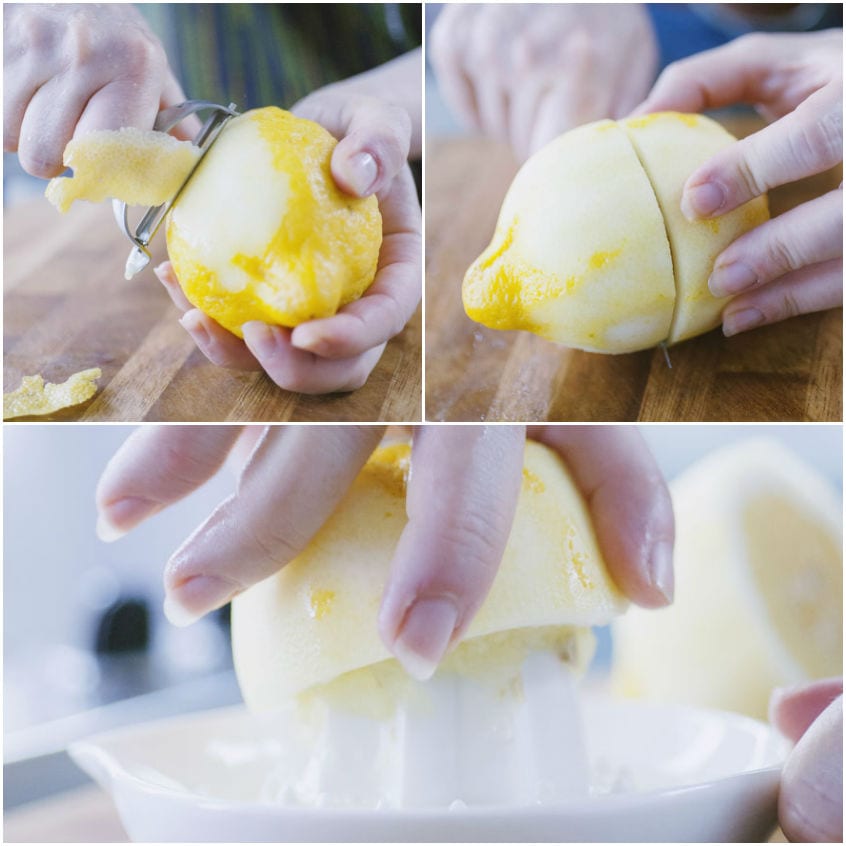 Limone pelato con pelaverdure, inciso a metà e poi spremuto su uno spremiagrumi