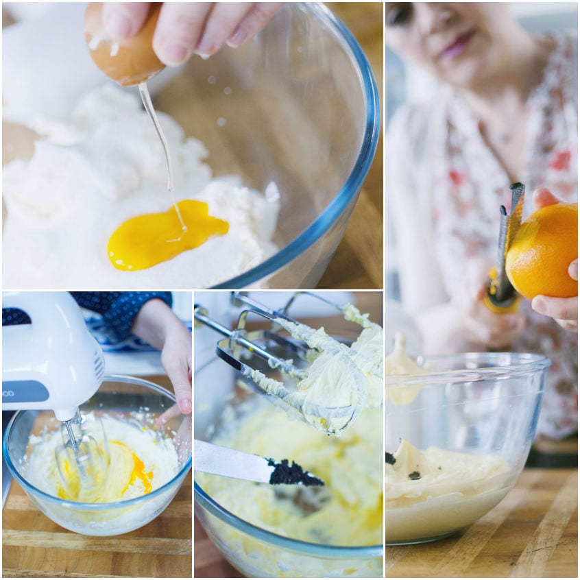 Tuorlo versato sul mascarpone, poi crema montata con le fruste e aromatizzata con scorza d'arancia