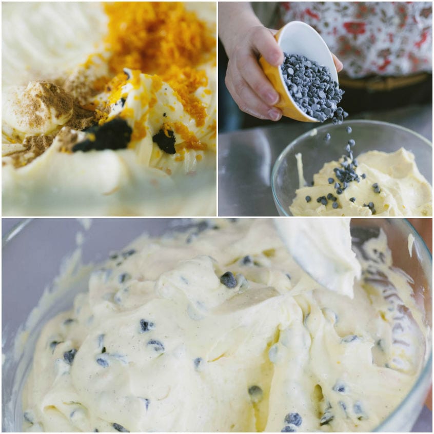 Gocce di cioccolato versate nella crema di mascarpone e ricotta con scorza d'arancia e cannella