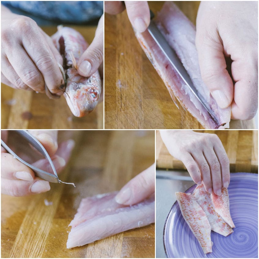Pulizia delle triglie: eviscerazione, sfilettatura con coltello e rimozione delle lische con pinzette