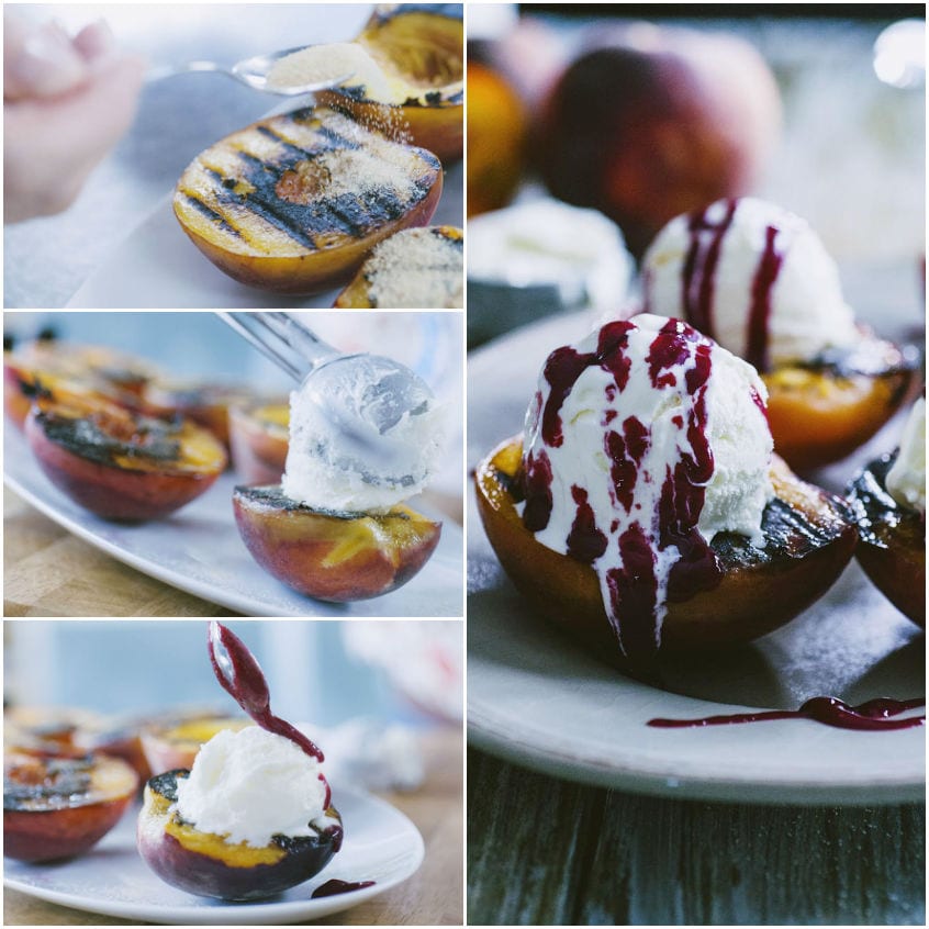 Pesche grigliate con gelato alla panna e coulis di frutti di bosco, pronte da servire