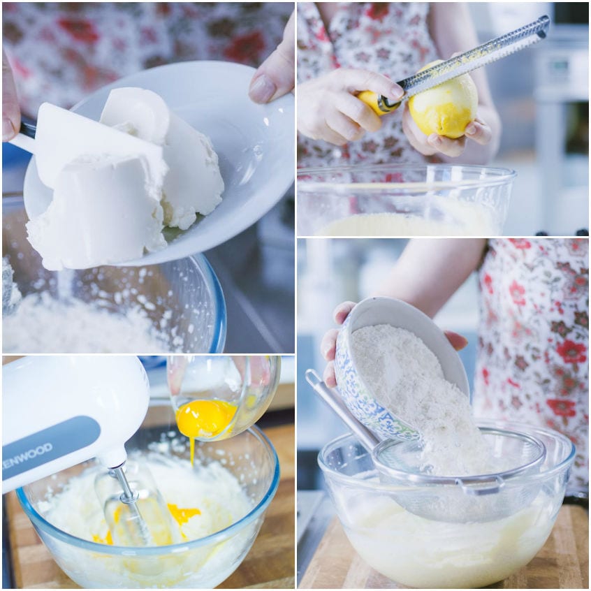 Ricotta aggiunta all'impasto, poi uova, scorza di limone grattugiata e farina setacciata