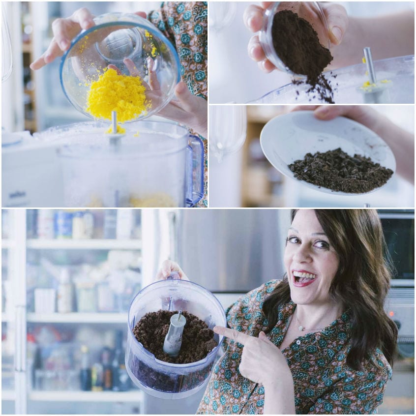 Scorza di limone grattugiata nel mixer, poi cioccolato tritato aggiunto: il composto sabbioso per i canestrelli