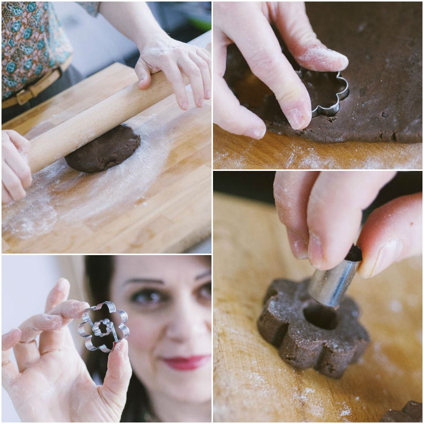 Impasto al cioccolato steso, ritagliato con stampino a fiore e forato al centro