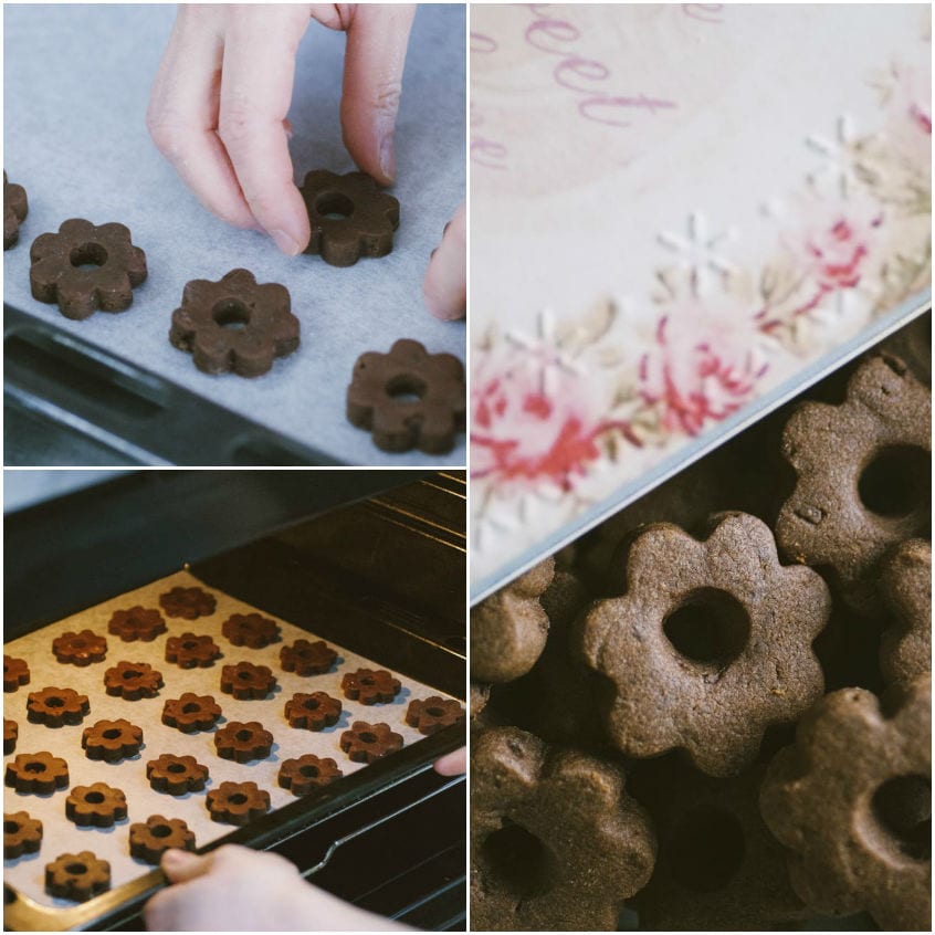 Canestrelli al cioccolato disposti sulla teglia, infornati e poi riposti in una scatola