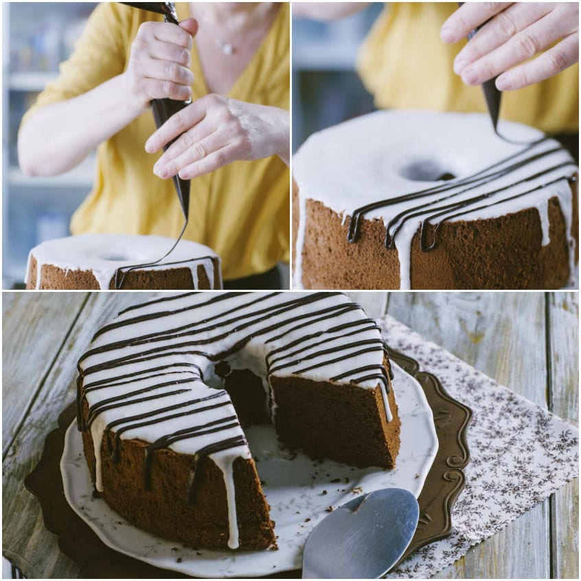 Glassa bianca e righe di cioccolato fondente decorate sulla chiffon cake al cacao, poi affettata