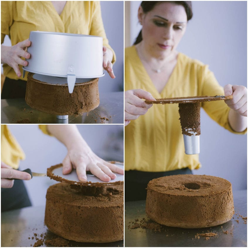Sformatura della chiffon cake al cacao con lama sottile e stampo a cerniera