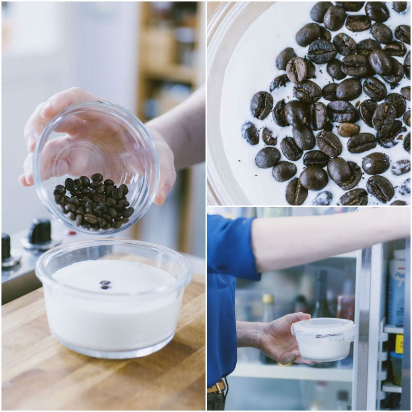 Chicchi di caffè versati nella panna liquida, poi il contenitore riposto in frigorifero