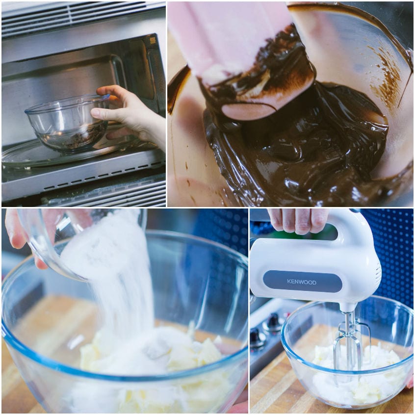 Cioccolato fuso mescolato con una spatola e burro montato con le fruste elettriche