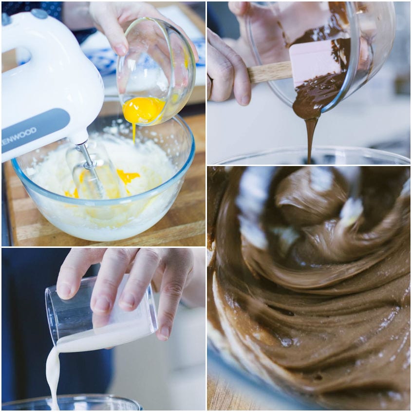 Uova versate nell'impasto montato, cioccolato fuso colato e composto al cioccolato amalgamato