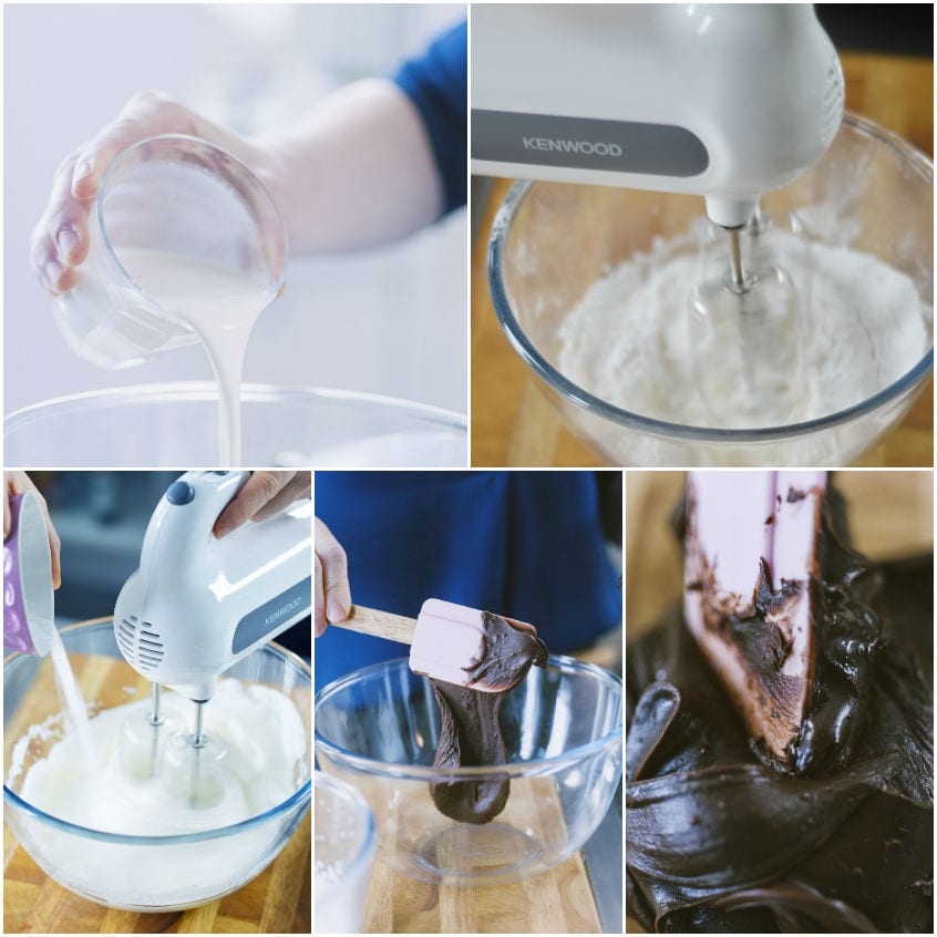 Panna montata a neve e ganache al cioccolato lavorata con una spatola