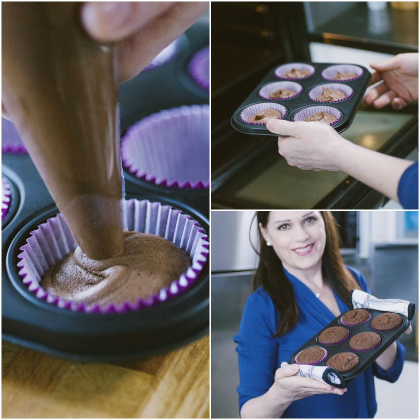 Impasto al cioccolato versato nei pirottini, teglia infornata e muffin cotti pronti