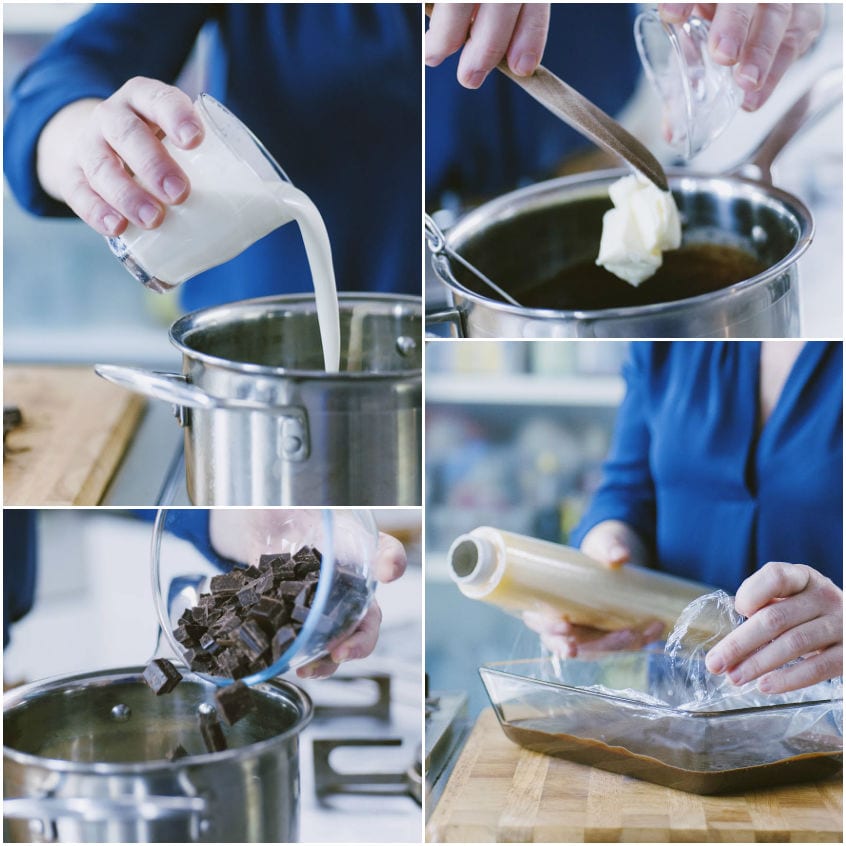 Preparazione della ganache al cioccolato: panna versata, burro aggiunto, cioccolato a pezzi sciolto e crema coperta con pellicola