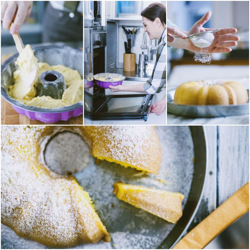 Ciambella soffice appena sfornata, spolverata di zucchero a velo e tagliata a fette