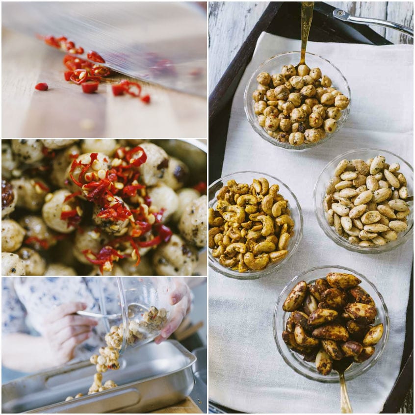 Peperoncino fresco tritato, nocciole speziate e ciotole di frutta secca tostata pronte per l'aperitivo