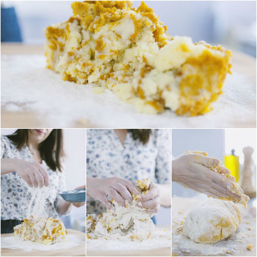 Impasto di gnocchi di zucca lavorato a mano sul piano infarinato fino a formare un panetto compatto