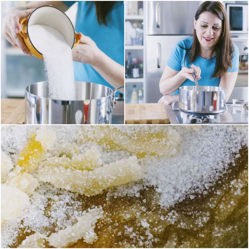 Zucchero versato in pentolino e caramello dorato che inizia a formarsi