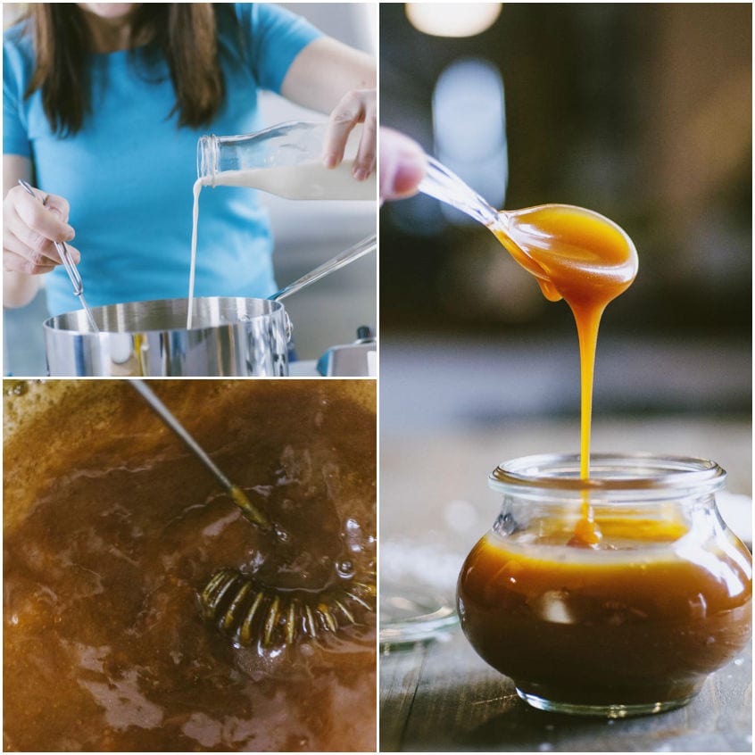 Salsa al caramello salato che cola densa da un cucchiaio in un vasetto di vetro