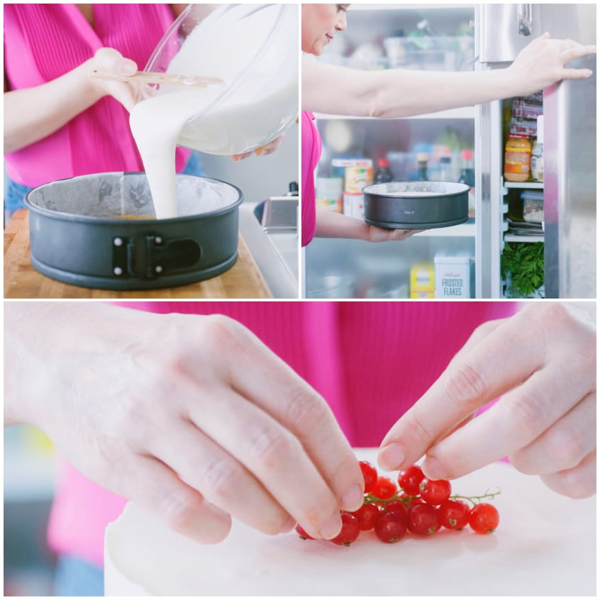 Crema versata nello stampo, riposo in frigorifero e decorazione con ribes rosso