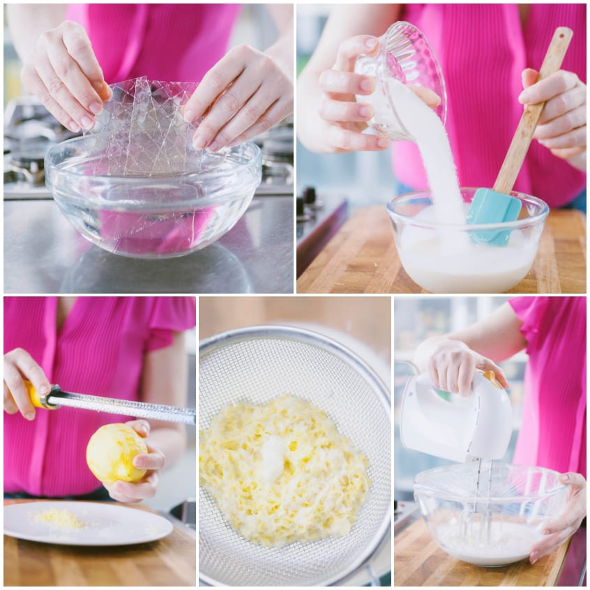 Preparazione della crema: gelatina in ammollo, panna versata, scorza di limone grattugiata, composto setacciato e panna montata con fruste
