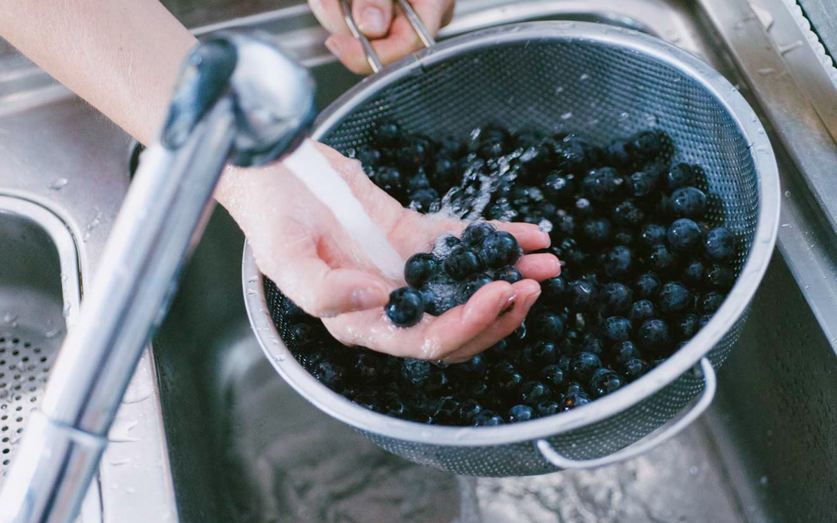 Mani che sciacquano acini di uva fragola nera sotto acqua corrente in uno scolapasta
