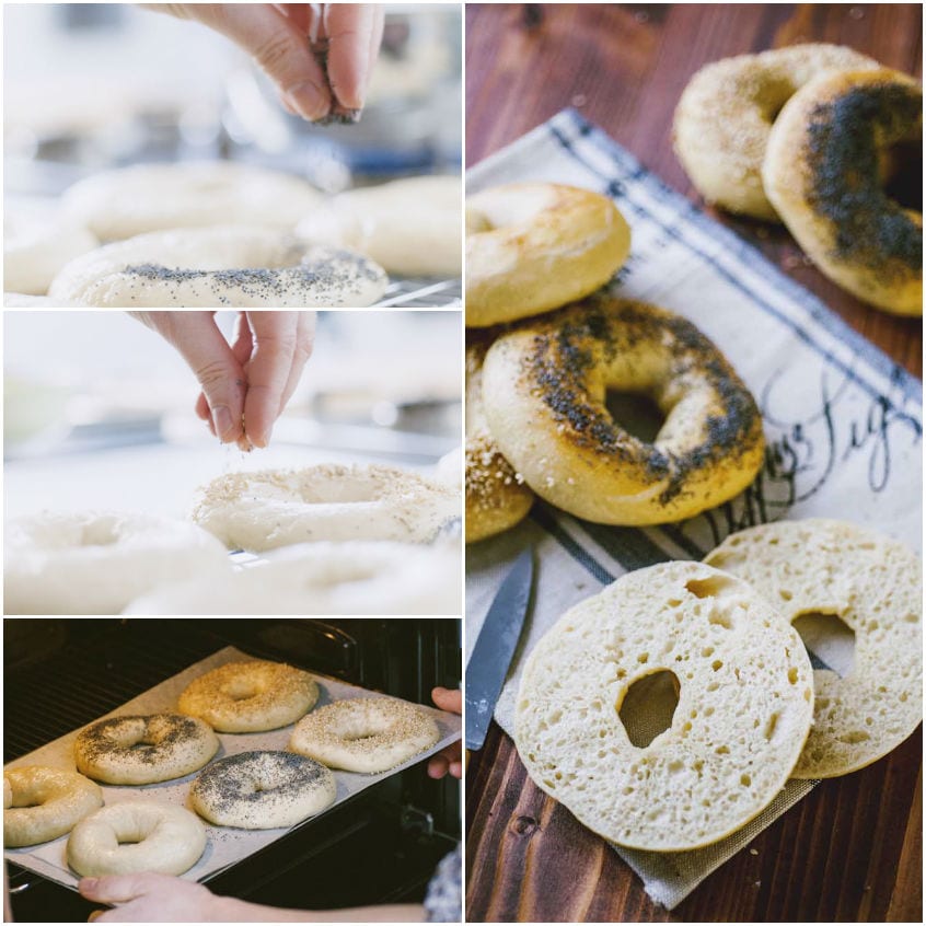 Mani che cospargono semi di papavero e sesamo sui bagel crudi prima della cottura in forno