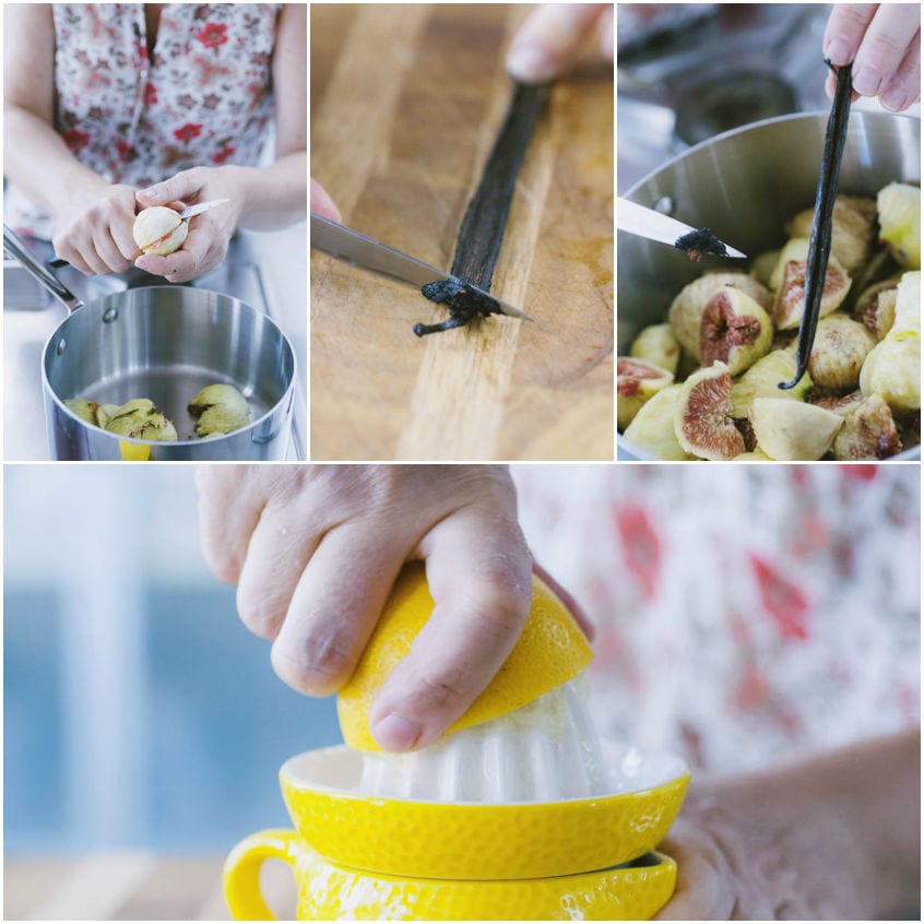 Fichi tagliati a metà in pentola con baccello di vaniglia inciso e spremitura di limone