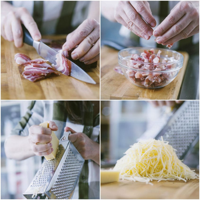 Pancetta affettata a listarelle sul tagliere e Gruyère grattugiato pronto per il croque baguette