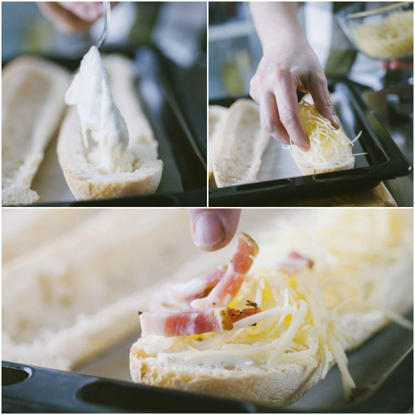 Farciture a strati su mezza baguette: besciamella, Gruyère grattugiato e fette di pancetta