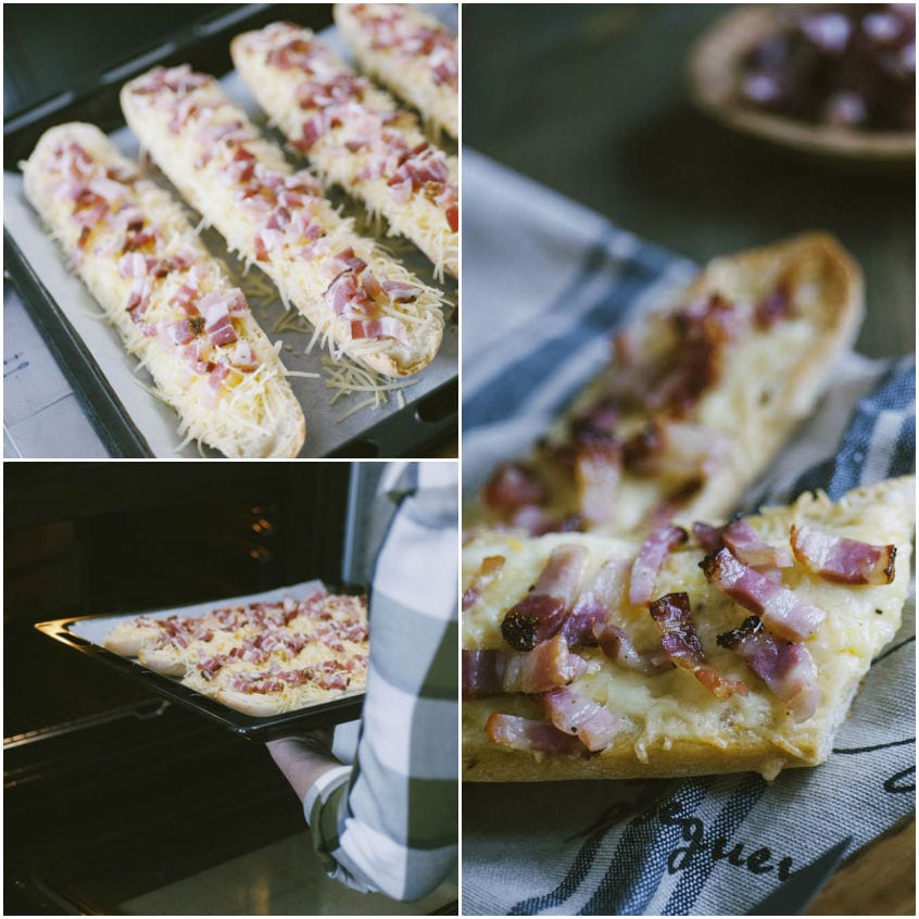 Baguette farcite con formaggio e pancetta prima e dopo la cottura in forno
