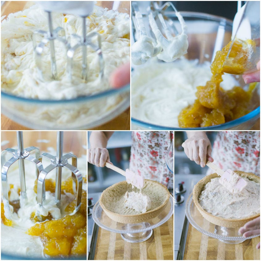 Crema di ricotta con fichi caramellati mescolata e versata nella base di crostata