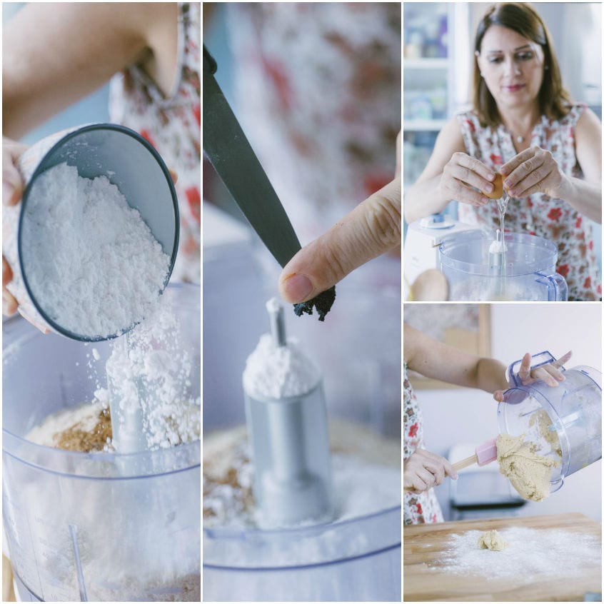 Preparazione della pasta frolla: zucchero a velo versato nel mixer, uovo rotto e impasto trasferito sul piano infarinato