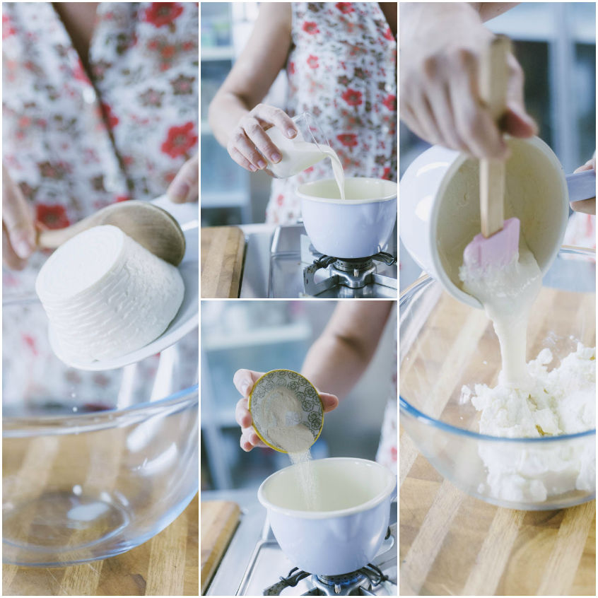 Ricotta setacciata, panna scaldata sul fuoco e agar agar versato nel pentolino per preparare il ripieno