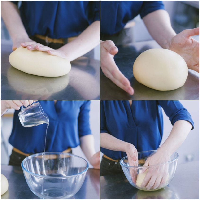 Mani che modellano l'impasto a sfera e lo sistemano in una ciotola unta per la lievitazione