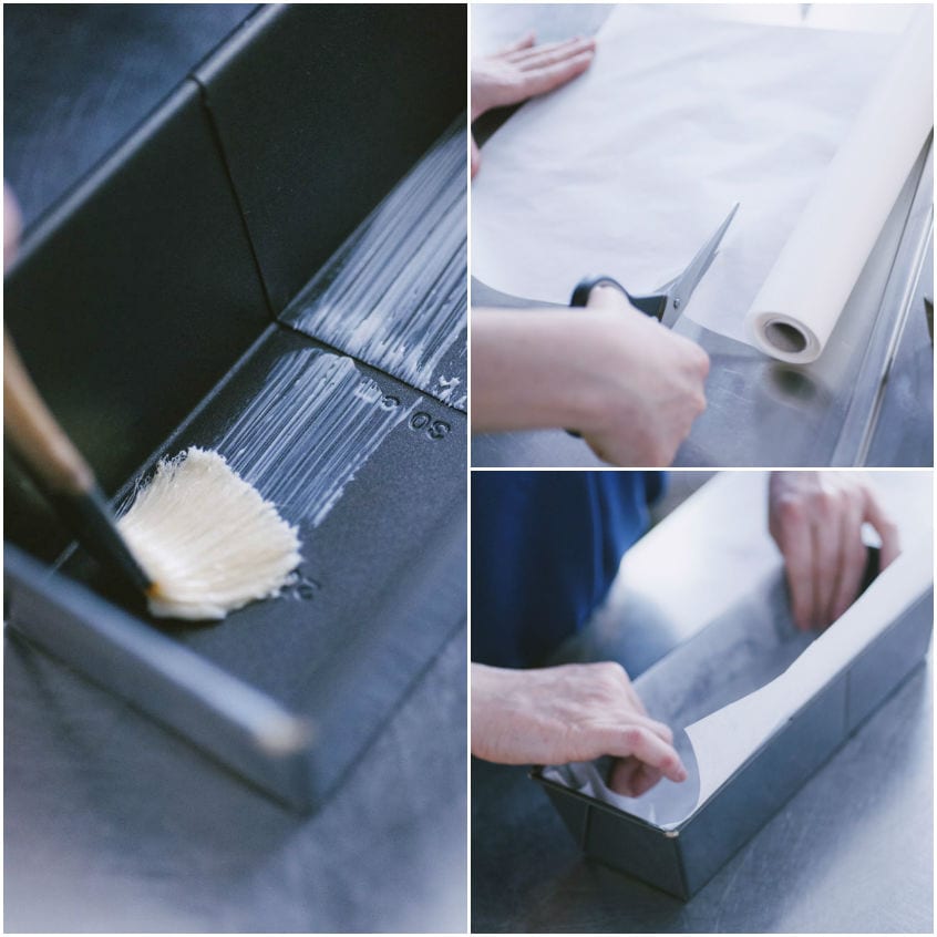 Stampo da plumcake imburrato con pennello, poi foderato con carta forno tagliata e ripiegata