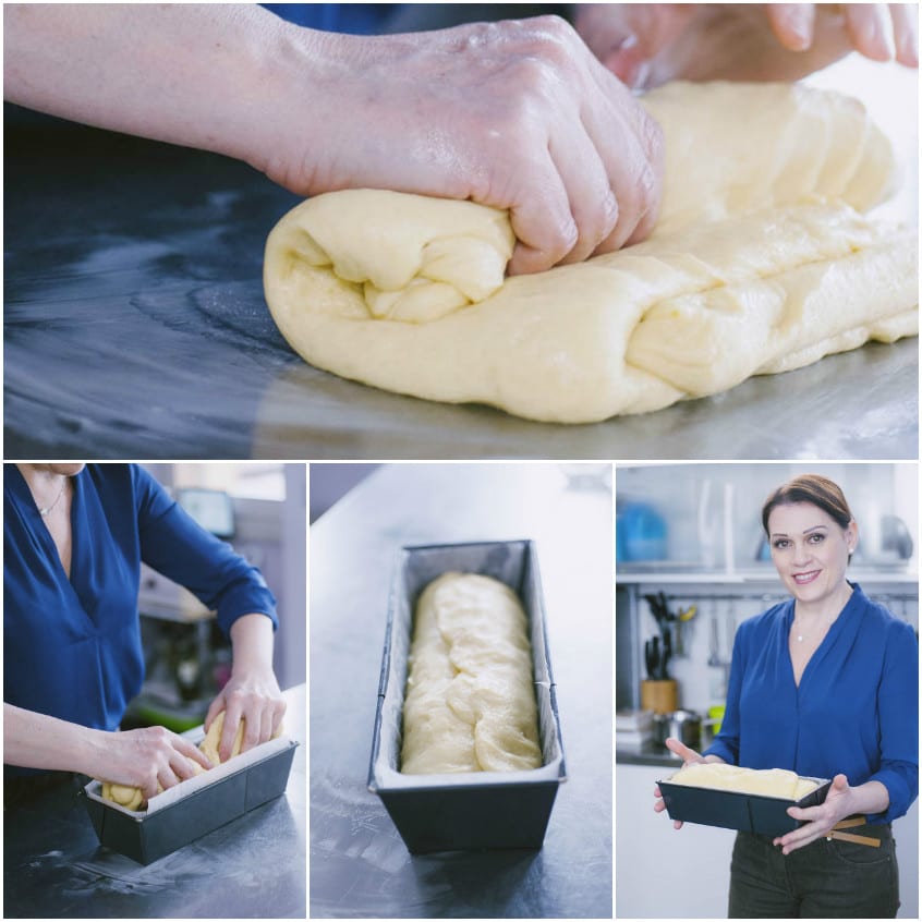 Impasto per fette biscottate lavorato a mano, arrotolato e adagiato nello stampo da plumcake