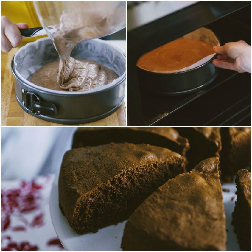 Impasto al cacao versato nello stampo, sformatura e fetta di pan di Spagna al cacao